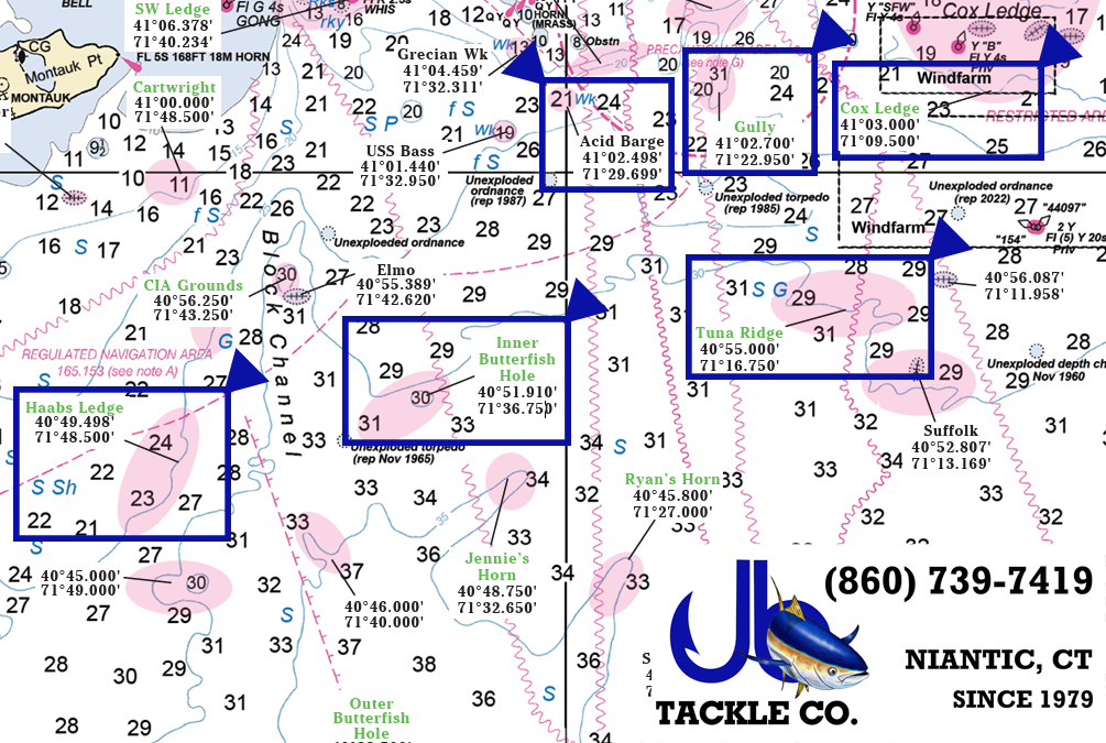 Highlighted spots on where to jig for tuna off Connecticut and Rhode Island. Some spots labeled are Cox Ledge, The Gully, Acid Barge and more.