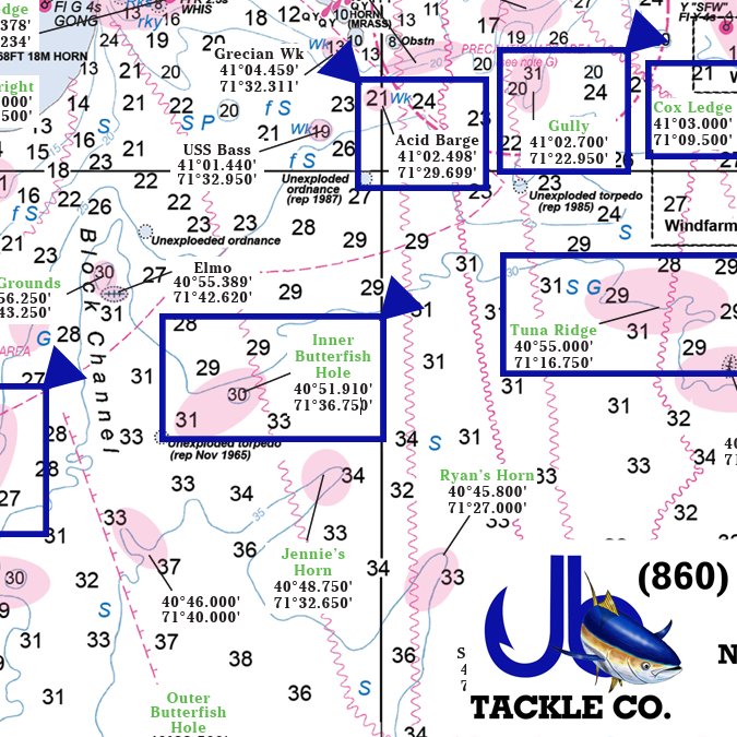 Highlighted spots on where to jig for tuna off Connecticut and Rhode Island. Some spots labeled are Cox Ledge, The Gully, Acid Barge and more.