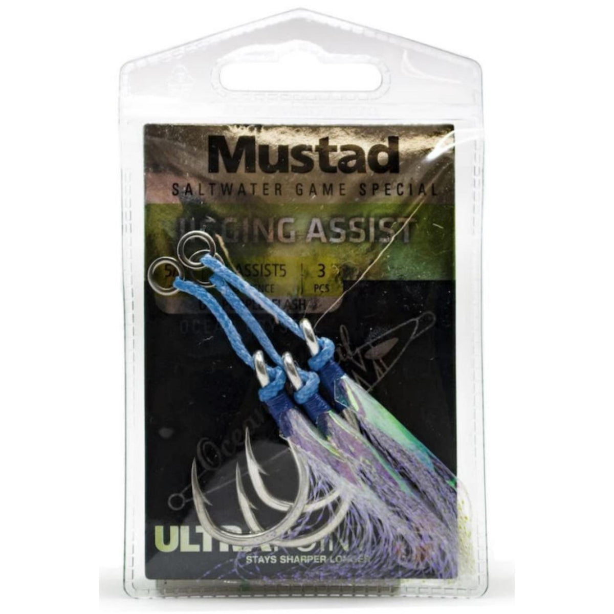 Mustad J-ASSIST Ocean Camo Assist Hook - Blue w/ Flash & Ring