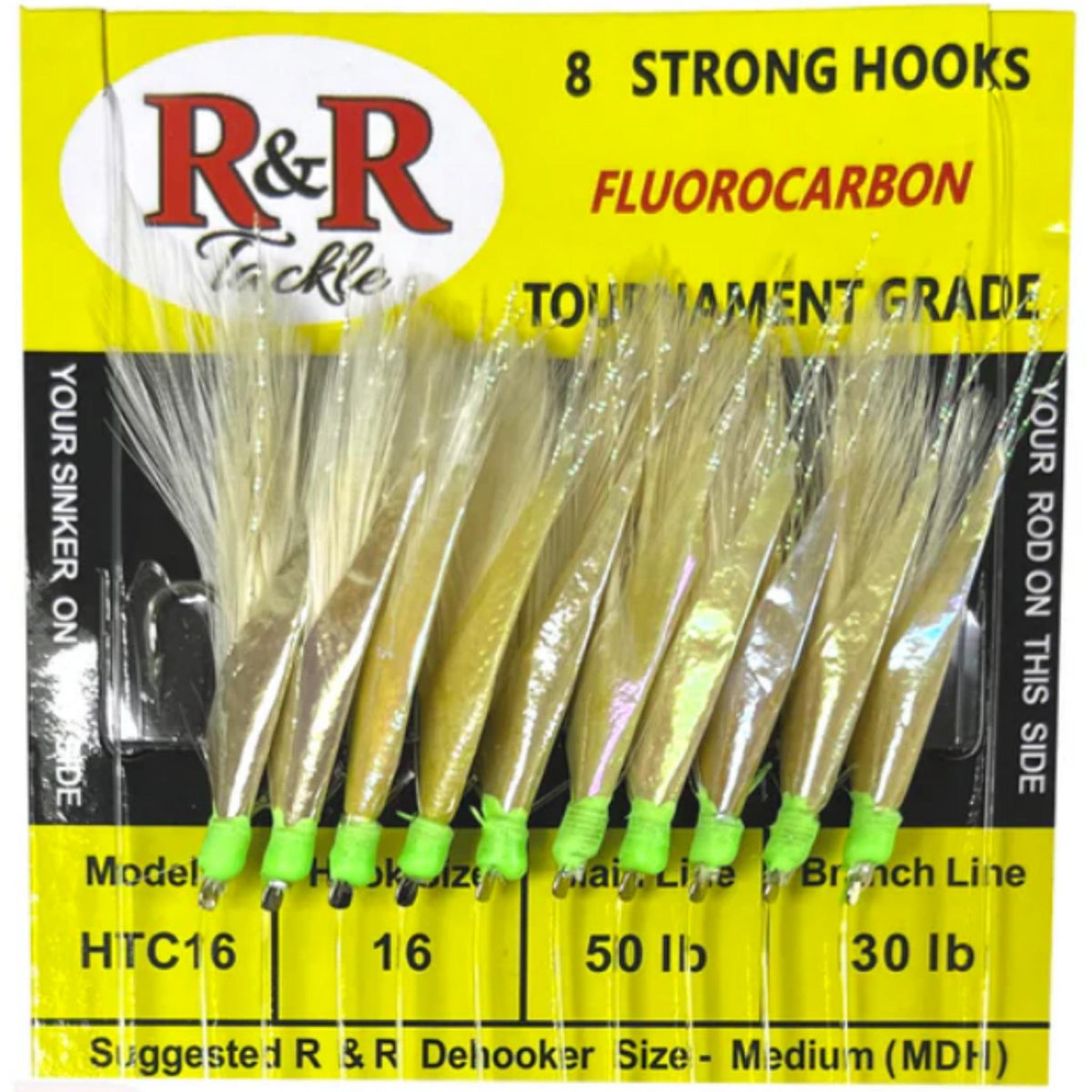 R&R Tackle Tournament Grade Fluorocarbon Sabiki Rig hooks with White Feather & Fish Skin