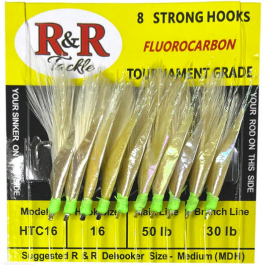 R&R Tackle Tournament Grade Fluorocarbon Sabiki Rig hooks with White Feather & Fish Skin